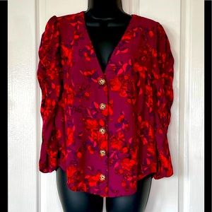 Anthropologie Red and Purple Floral Button-Front Blouse